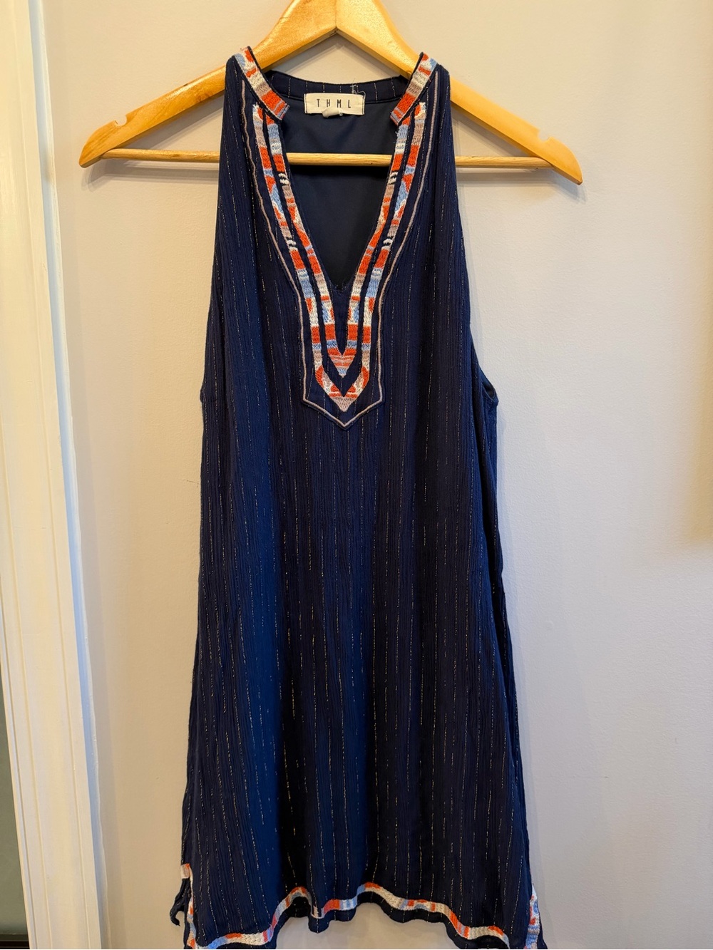 THML Navy Blue Sleeveless V-Neck Dress with Red & White Trim